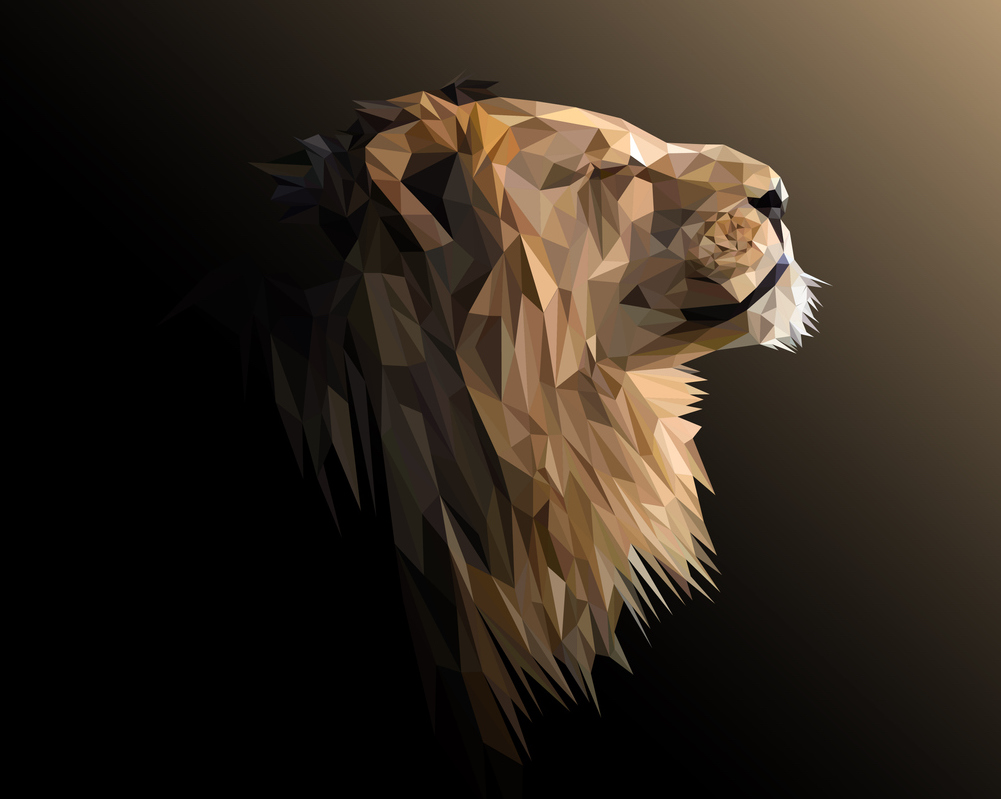 A stylized lion is seen in profile. The lion is a mosaic or faceted type of style, comprised of various shapes in different tones that make up the image.