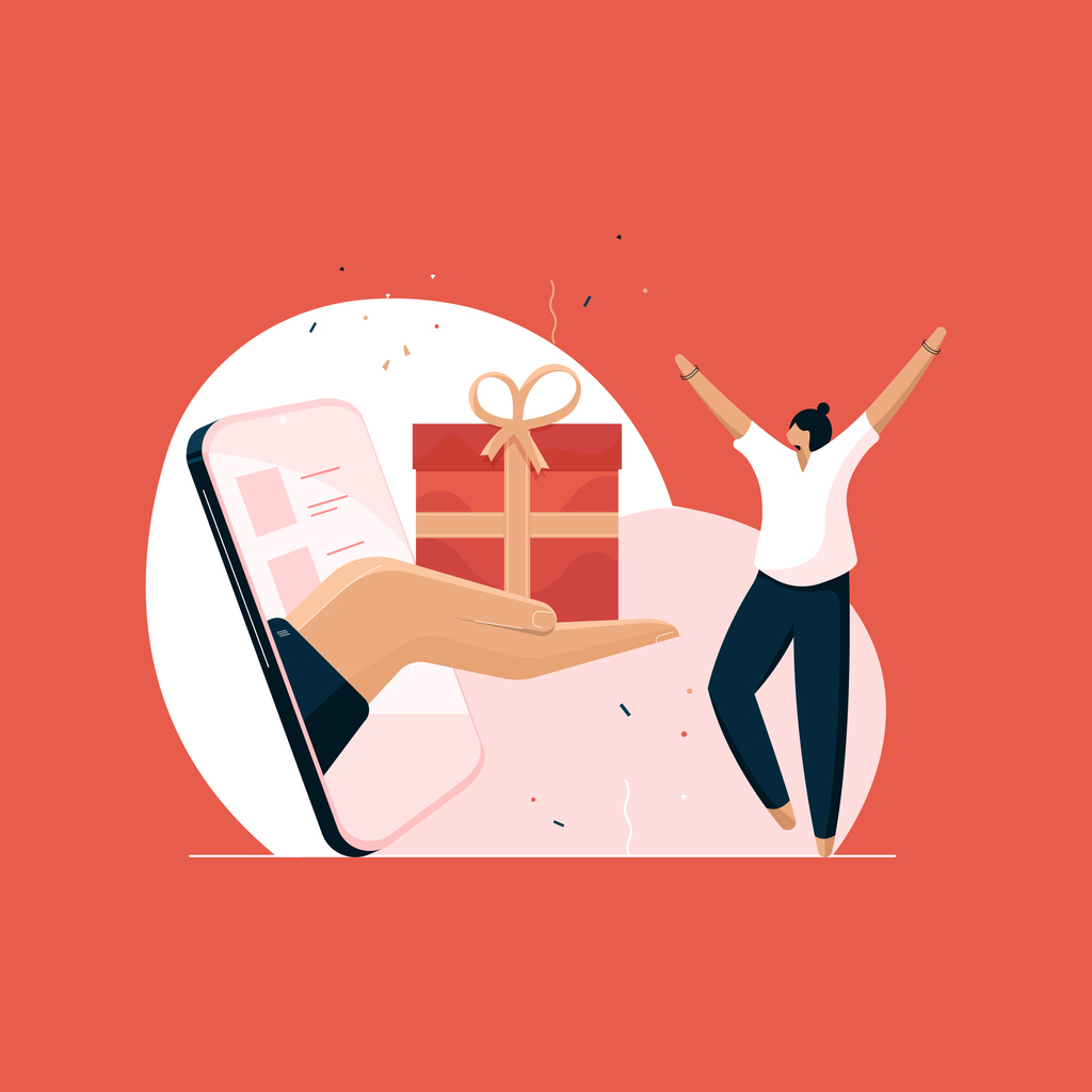 Illustration of a hand reaching out of a cell phone holding a gift with a bow, handing the present to a person that is very excited about their good fortune.