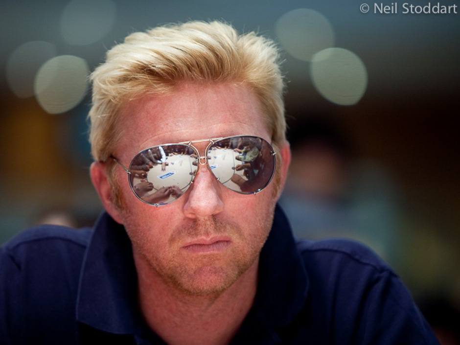 Boris Becker is seen with spiky blonde hair and shiny mirrored aviator glasses. The tennis legend and poker ambassador has been sentenced to two years in jail for hiding millions of pounds after declaring bankruptcy.