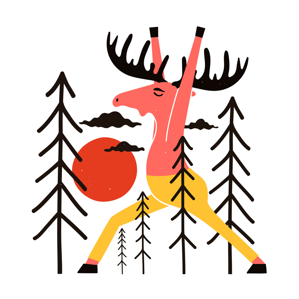 An illustration of a Moose in yellow pants doing yoga among trees. a red sun is in the background.