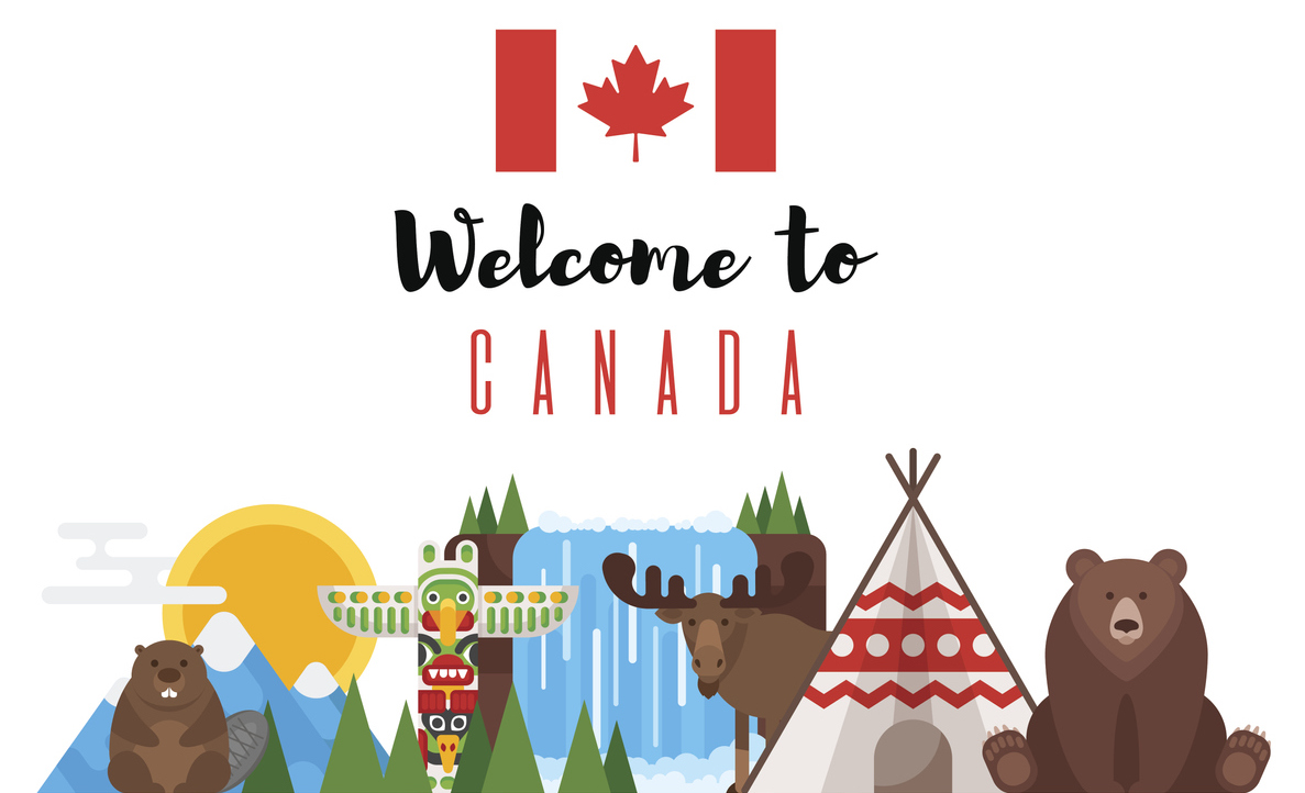 Welcome to Canada illustration with bears, beaver, moose, waterfall, totem pole, teepee, that says "Welcome to Canada"