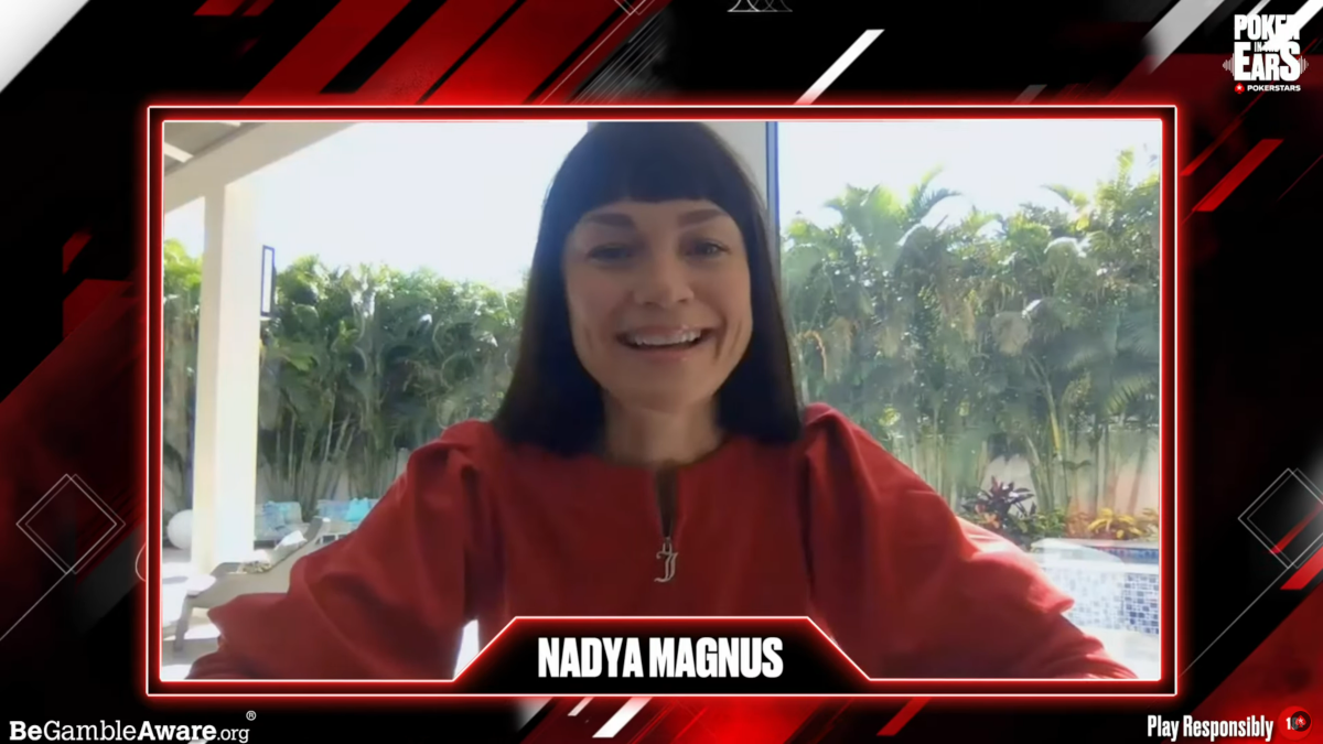 Screenshot of Nadya Magnus smiling, as she discusses being named Top Female Poker Player in the World by GPI with Stapes and Hartigan on the Poker in the Ears podcast.