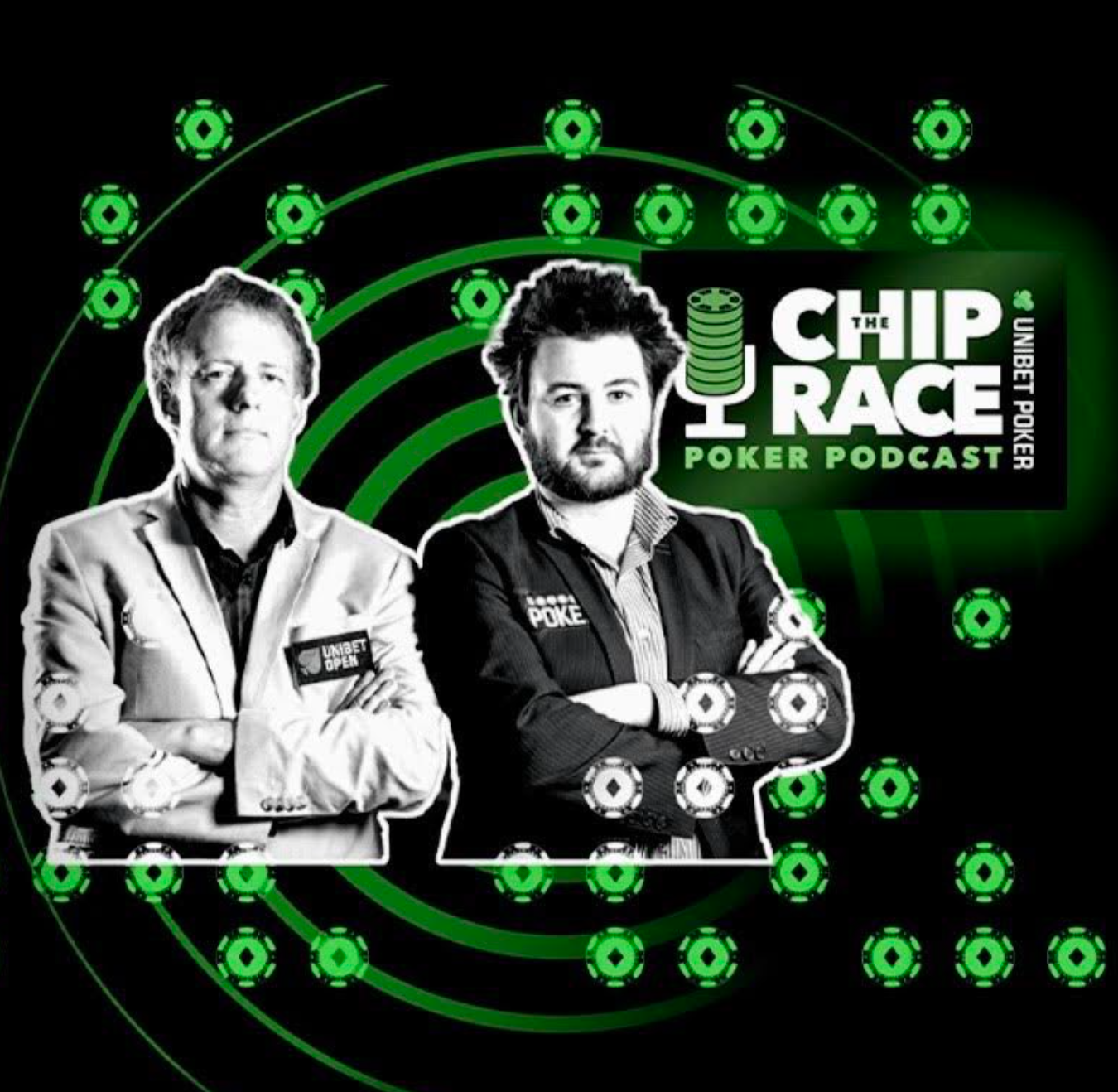 Promo image/logo for Unibet Poker's podcast, The Chip Race, featuring the two hosts against a black background with green poker chips floating behind them. The podcast was just nominated for its second GPI Best Poker Podcast Award.