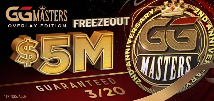 Promo image for GGPoker's GGMasters Overlay Edition, promising a $5 million guarantee for $150 buy-in. GG all but assures a huge overlay for players by 10xing the guarantee for a special two-year anniversary of its Sunday flagship tournament.