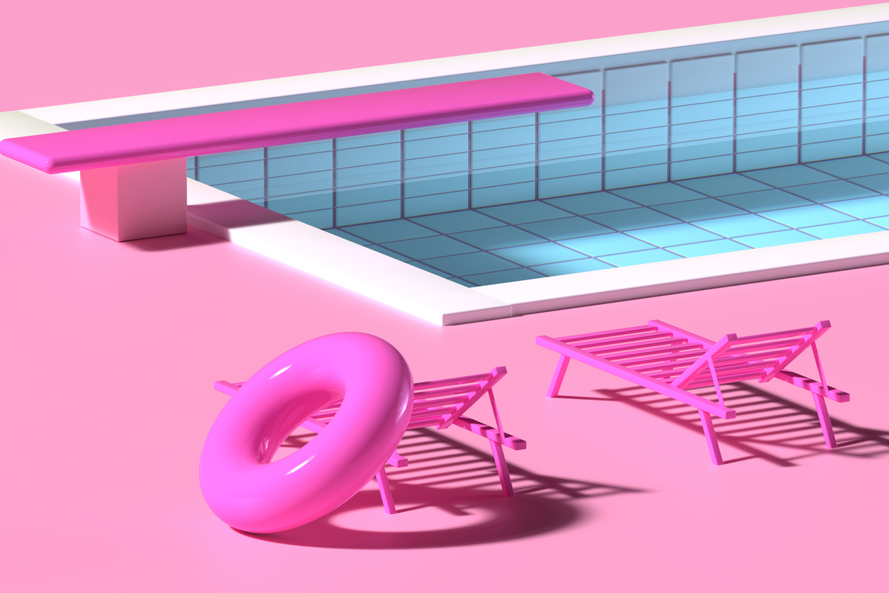 A pink pool with a pink diving board, surrounded by pink floor, with pink lawn chairs and a pink inflatable pool ring. the only thing that isn't pink is the water in the pool, which is blue. 