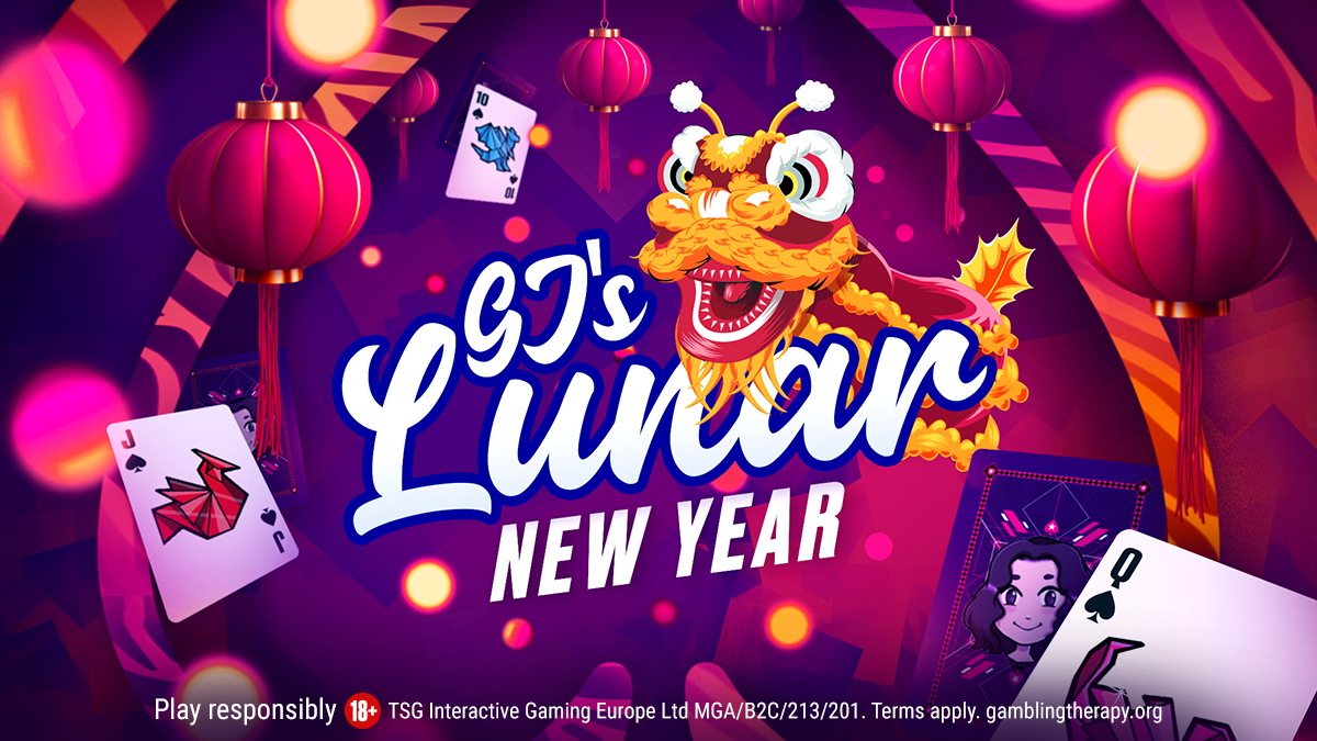 Promo Image for PokerStars micro stakes tournament series, GJ's Lunar New Year, features Chinese Dragon, floating playing cards, and lanterns. Bottom of the image includes information on responsible gambling