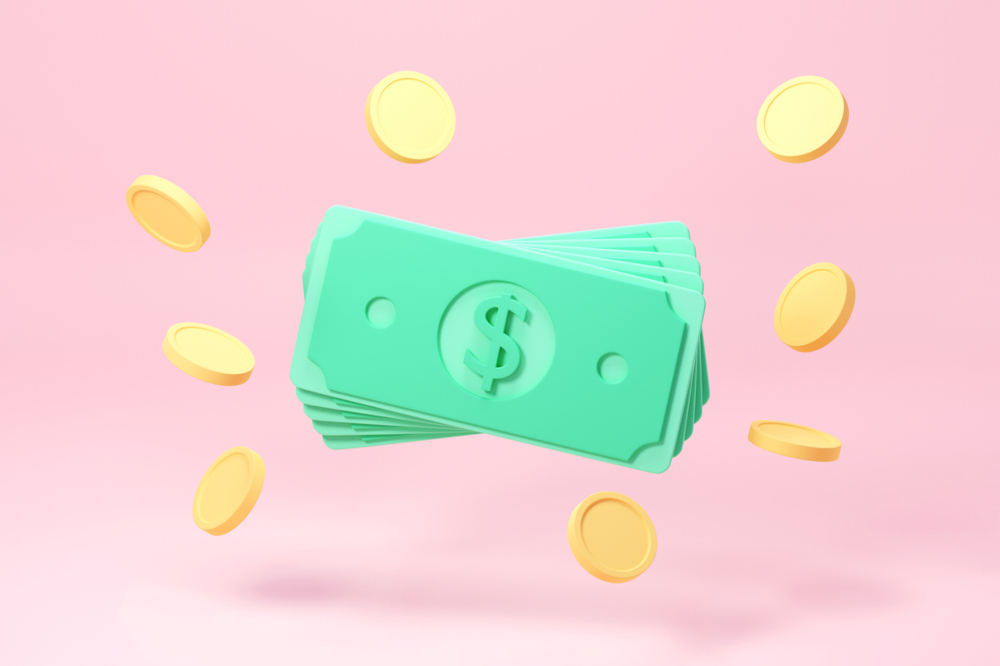 illustration of stylized dollars and coins floating on a pink background to represent the free cash back you get with PokerStars new rewards program.