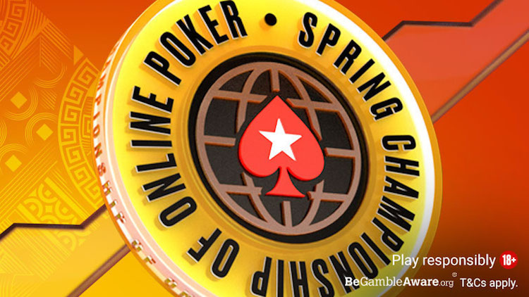 Promo image for PokerStars' flagship spring tournament series, the Spring Championship of Online Poker (SCOOP) featuring the logo on a poker chip floating on a red background. The famed series will run May 2022.