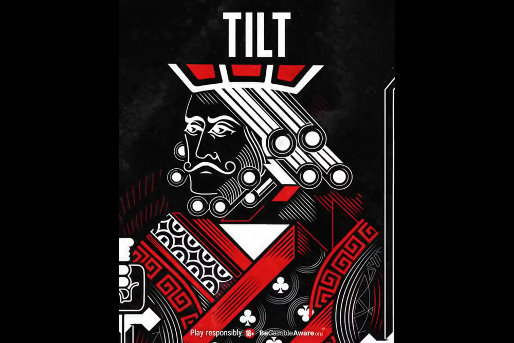 screenshot of PokerStars UK responsible gaming ad. black background with red and white outlines of a king with the words tilt above. 
