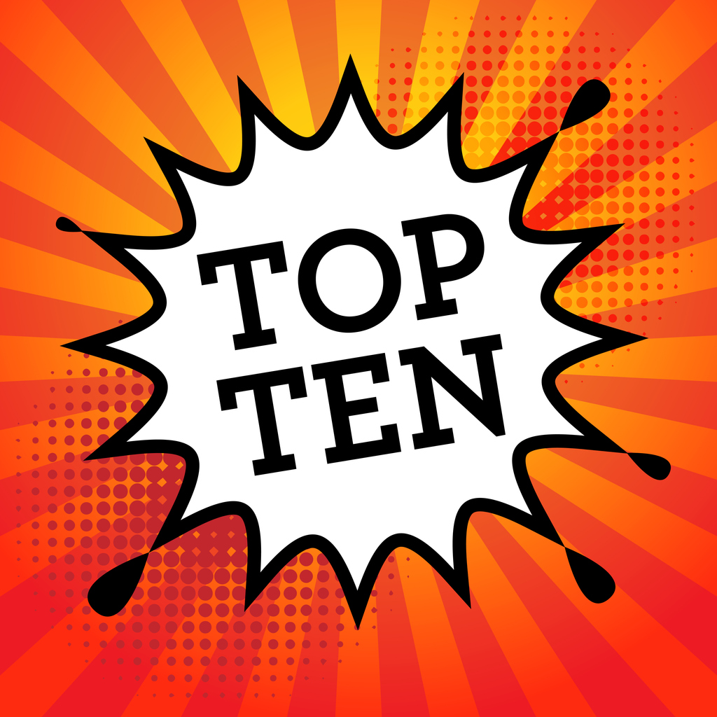 Comic book style illustration of an action bubble that says "TOP TEN" on a stylized red, orange, and yellow background.