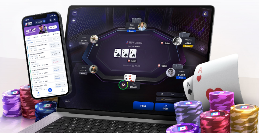 Promo image for WPT Global showing a laptop and cell phone, both displaying the WPT Global online poker platform. Next to them are poker chips in various colors with the WPT Global logo and a pair of Aces.