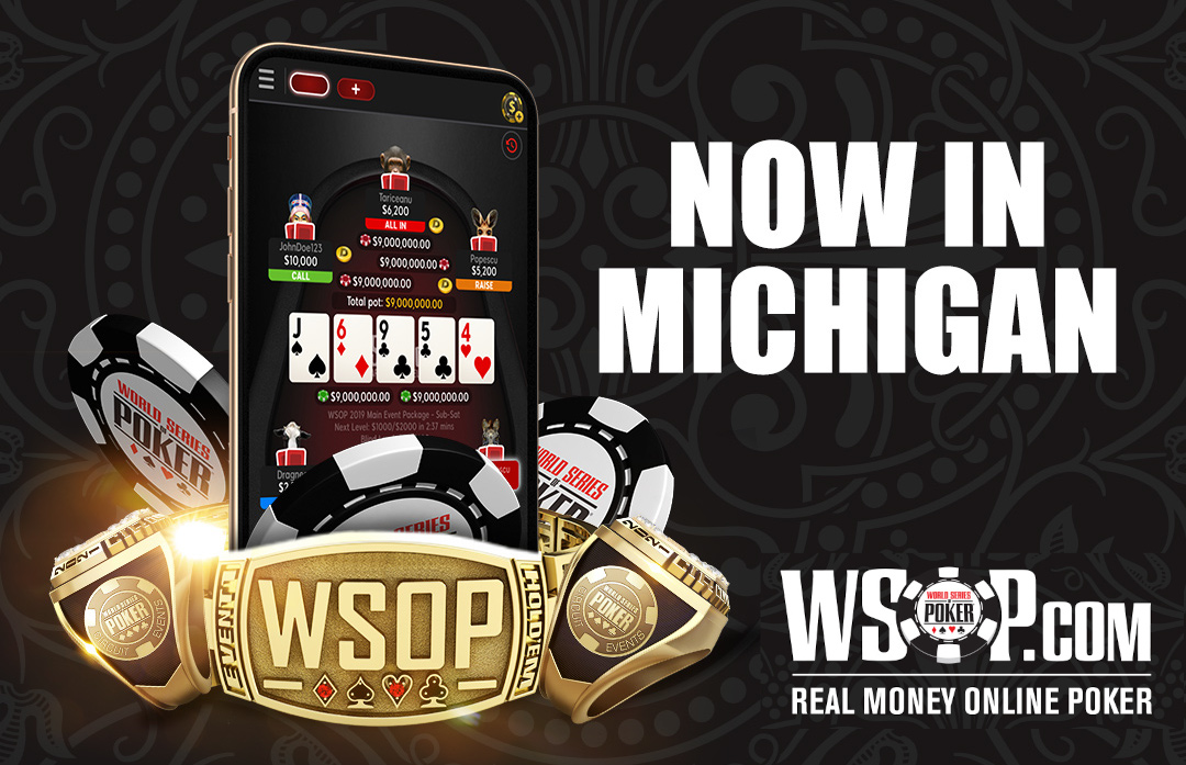 an ornate background with a cell phone showing the WSOP app, on top of a pile of gold WSOP rings. On the right, text says: Now in Michigan. WSOP.com. Real Money Online Poker." WSOP MI went live yesterday, dealing its first online poker real money game